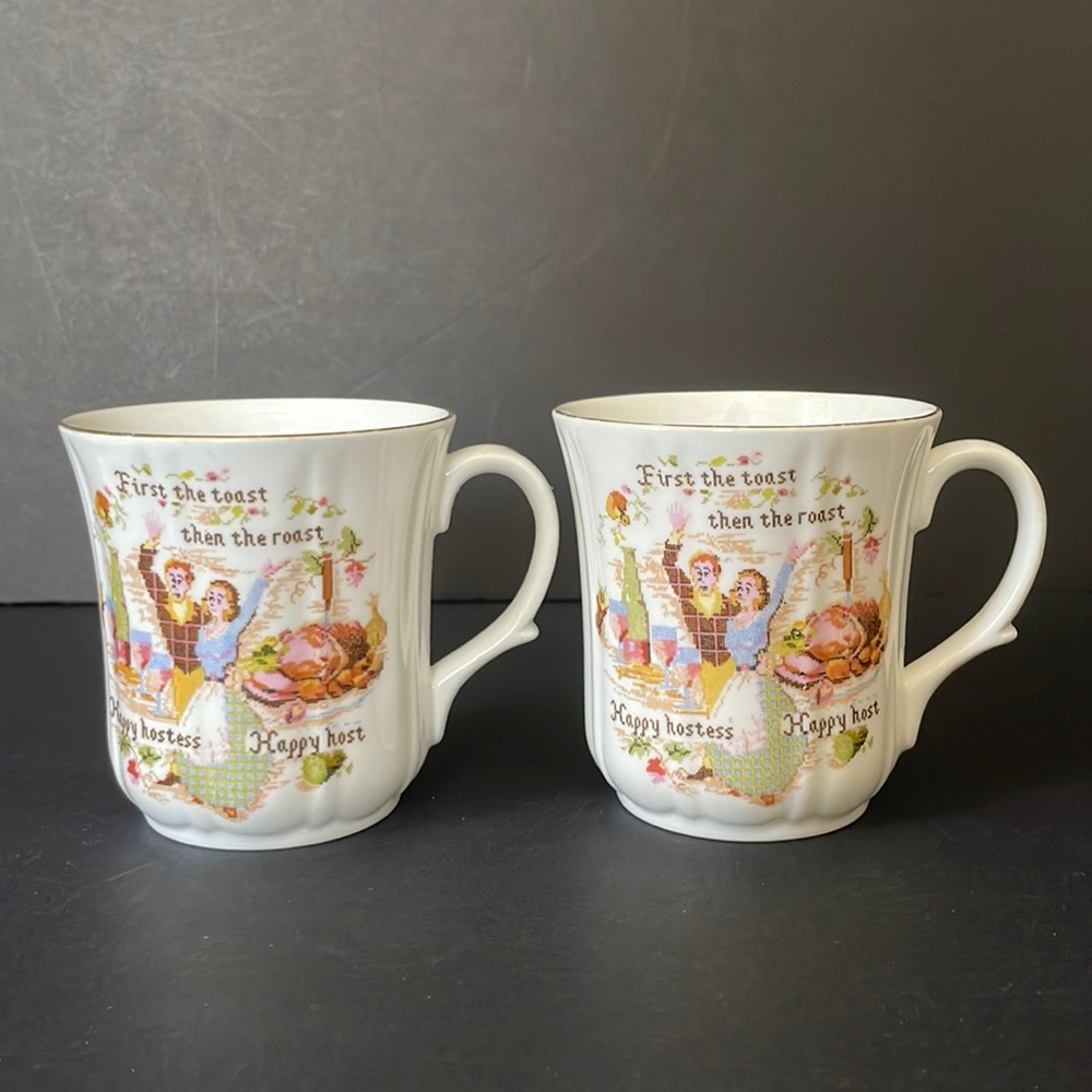 Bone China Happy Hostess Set Serving Platter 2 Coffee Mugs Plate Tea Cup Vintage - Picture 4 of 14